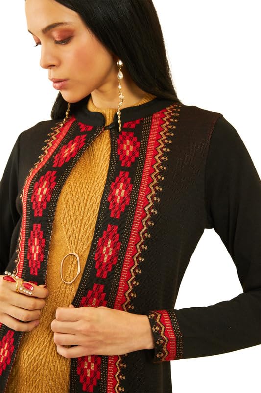 Soch Womens Black Acrylic Geometric Pattern Knitted Open-Front Longline Shrug(WW-CWA3KU60360A)