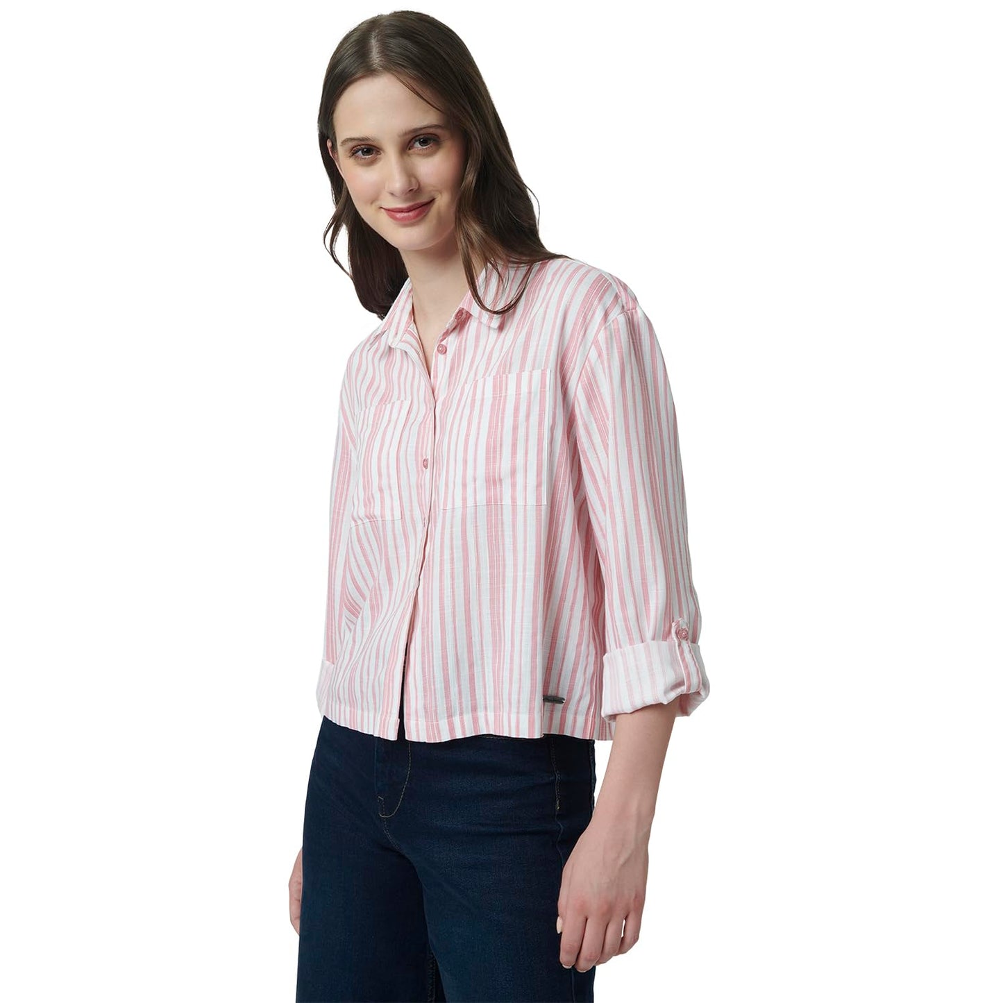 Pepe Jeans Stripes Viscose Round Neck Women's Shirt (Pink, Large)