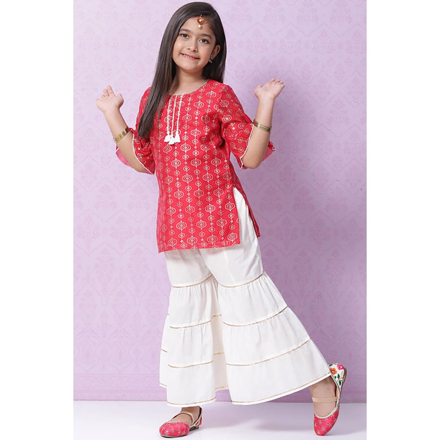 BIBA Girls Polyester Flared Printed Suit Set(KW5065E_11_Red)