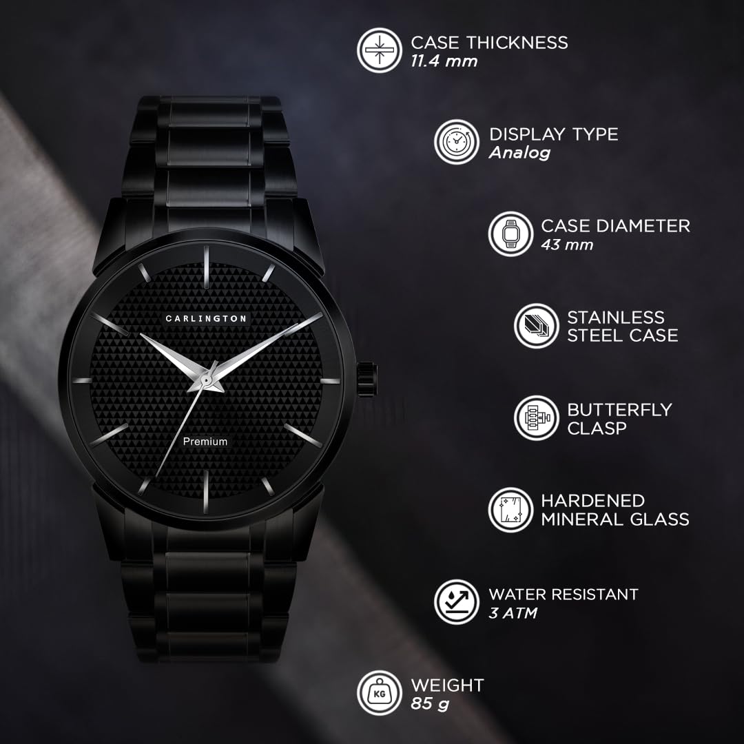 Carlington Stainless Steel Analogue Men Premium Watch, Black Dial, Black Band