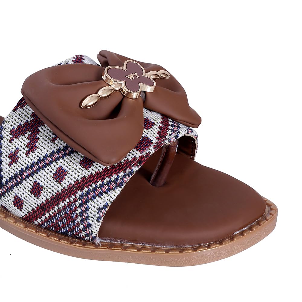 Pluxh Women's Ethnic Woven Crossover Flat Slide Sandals with Satin Bow, Metal Clover Charm & Gold Studded Sole | Casual Slip-On Sandals for Women & Girls|3UK