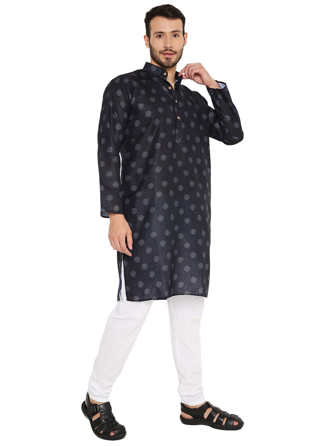 LUCKWIN Linen Regular Fit, Mandarin Collar, Printed Kurta Pyjama Set in Blue for Men [LWKP160-44-2023]