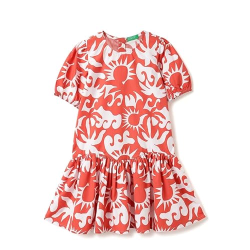 United Colors of Benetton Regular Fit Round Neck Abstract Summer Beach Curved Hem Dress Red