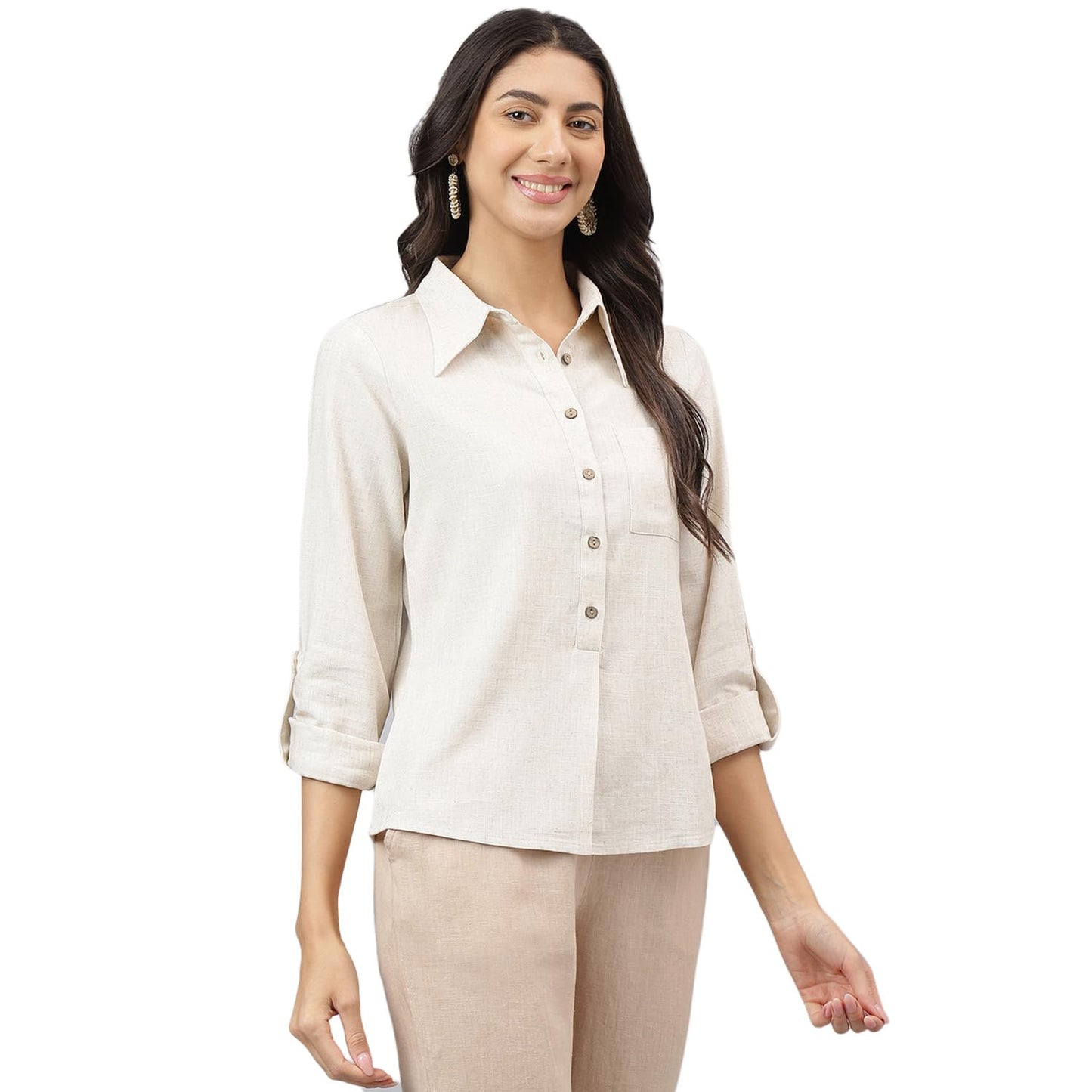 Latin Quarters Women Beige Spread Collar Long Sleeves Solid Shirt for Casual_XXL