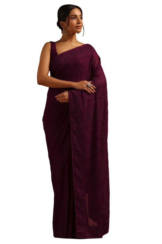Soch Womens Wine Georgette Botanical Saree With Stone Work