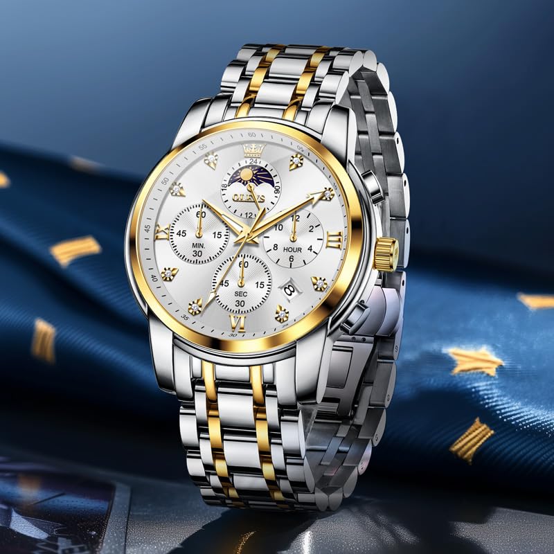 OLEVS Watch for Men Diamond Business Dress Analog Quartz Stainless Steel Waterproof Luminous Date Two Tone Luxury Casual Wrist Watch, Silver watches gold 3655, men watch