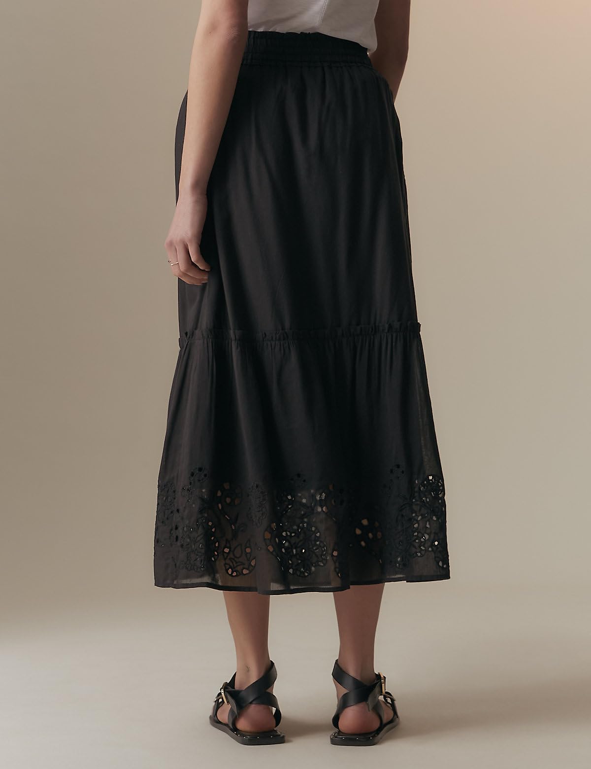 Marks & Spencer Cotton Rich Broderie Midaxi Tiered Skirt Black
