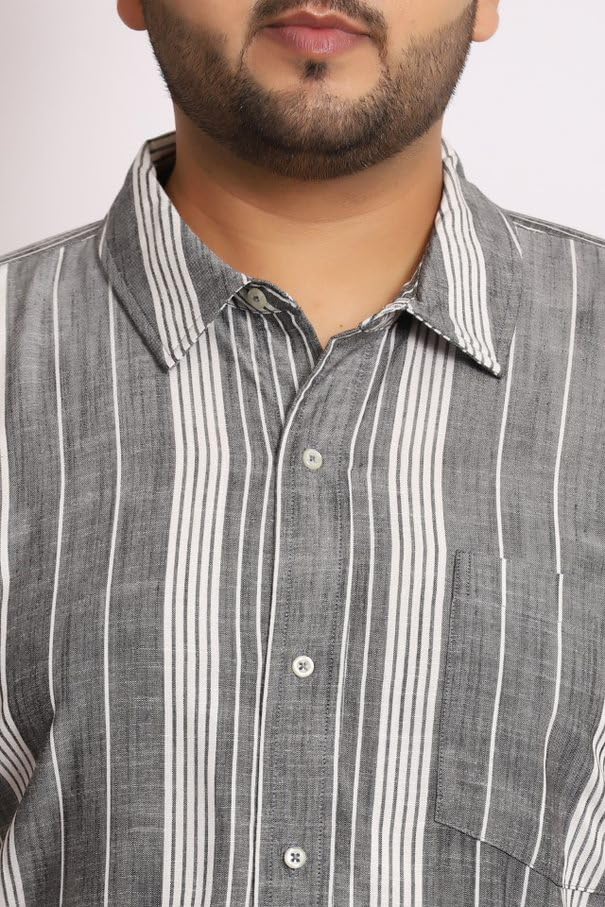 Plus Size White &Black Half Sleeve Cotton/Linen Shirt with Patch Pocket (7XL)