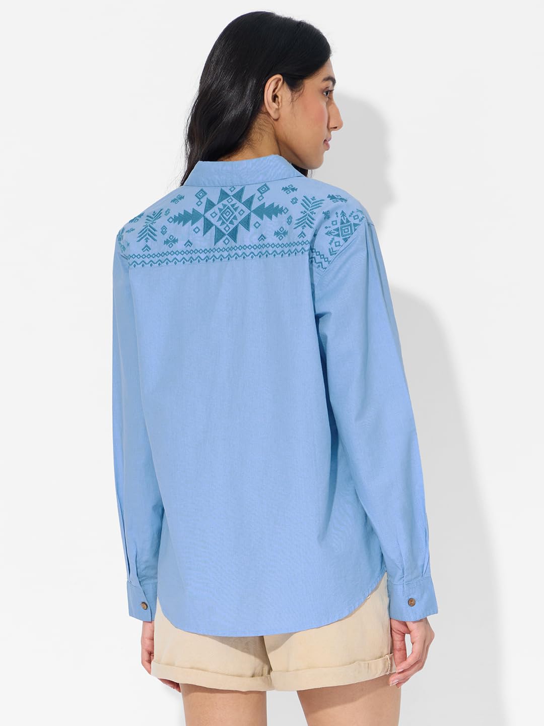 The Souled Store Cotton Linen: Beach Blue Women and Girls Long Sleeves Collared Neck Button Front Blue Embroidered Cotton Linen Boyfriend Shirts