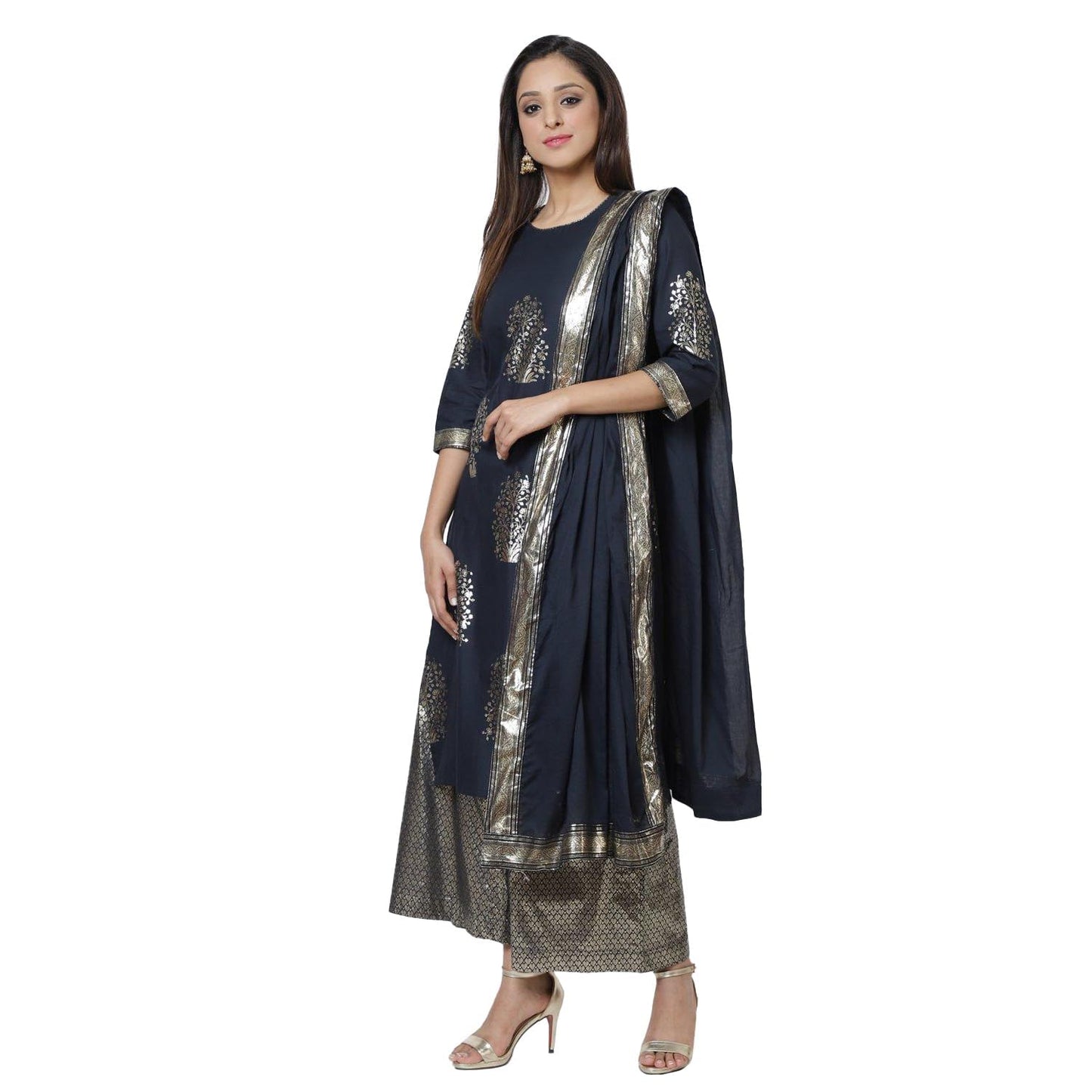 BIBA Cotton Women Printed Relaxed Salwar A-Line Straight Kurta Dupatta(Skdassorted7074E_Navy Blue_XL)