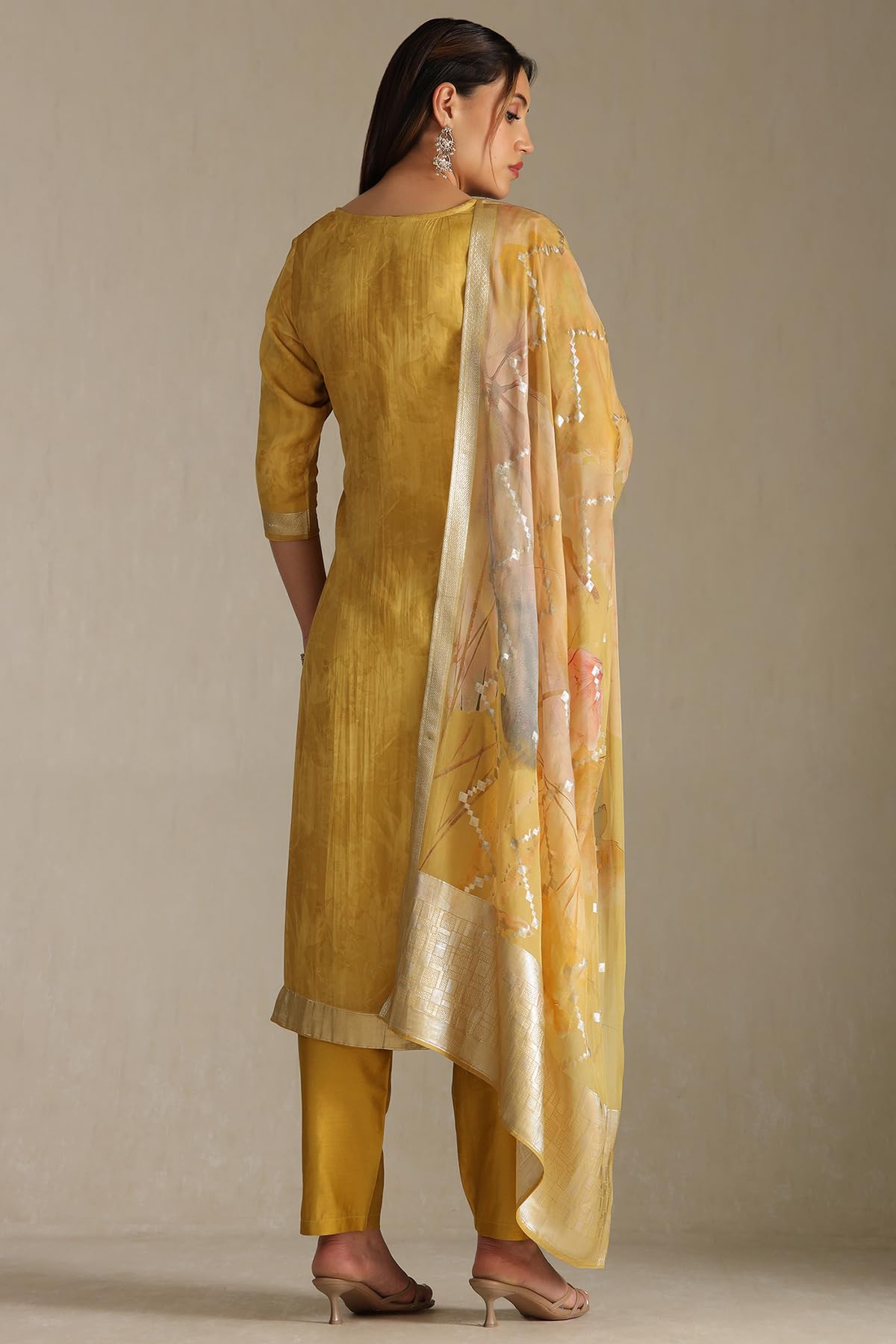 Soch Womens Mustard Organza Zari Woven Suit Set With Faux Mirror And Sequins