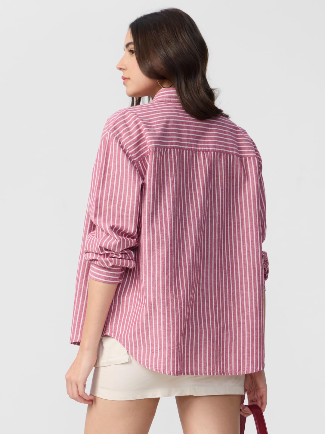 The Souled Store Cotton Linen Stripes: Roselle Women and Girls Long Sleeves Collared Neck Button Front Pink Cotton Linen Boyfriend Shirts