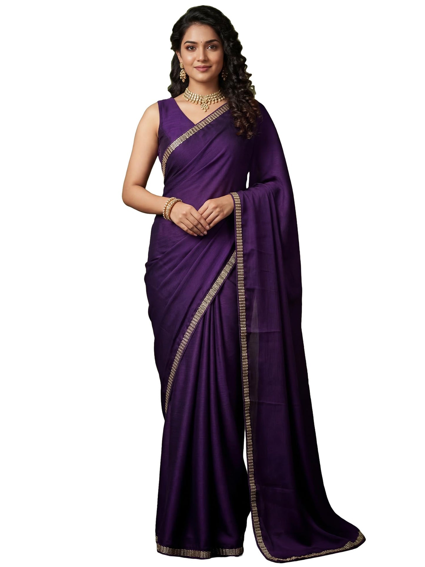 AKHILAM Women's Shimmer Purple Satin Solid Embroidered Lace work Saree With Unstitched Blouse Piece | saree for woman | Designer Saree for Women | Soft and Skin Friendly (GOPI8501_RX)