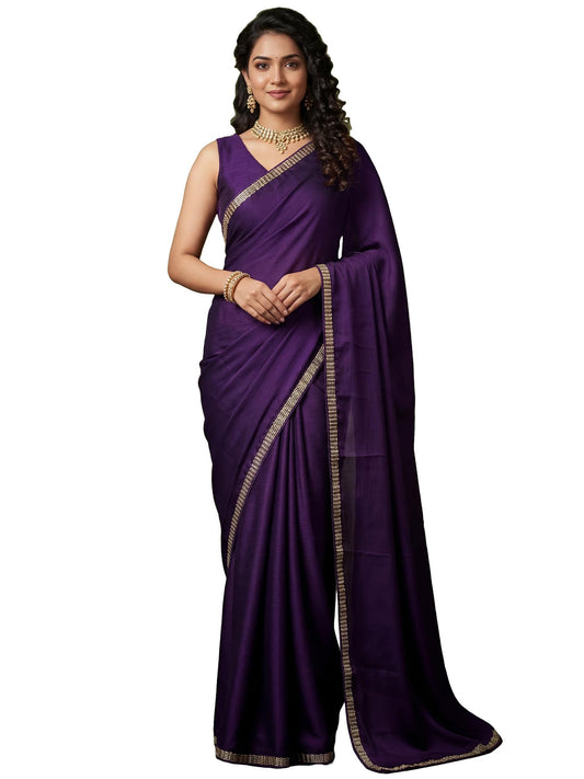 AKHILAM Women's Shimmer Purple Satin Solid Embroidered Lace work Saree With Unstitched Blouse Piece | saree for woman | Designer Saree for Women | Soft and Skin Friendly (GOPI8501_RX)
