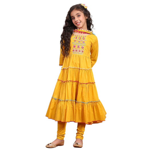 Biba Girl's Yellow Cotton Tiered Solid Suit Set