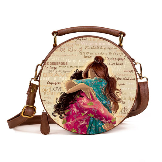 Kalankit Women Round Sling Bag | Stylish Vegan Leather Crossbody Purse | Side Bag with Strap | Rakhi Gift for Sister | Birthday Present | Travel-Friendly | Being Hug Again, Multicolor