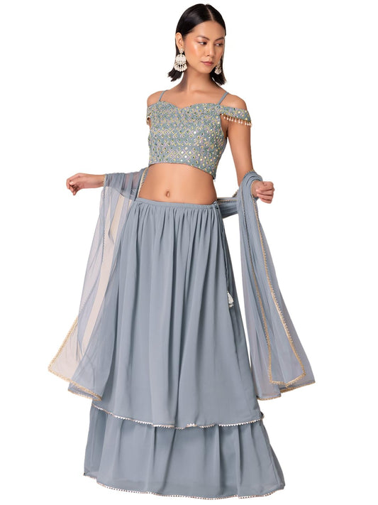 Indya Women's Georgette Lehenga Sets (ICO00535_Blue_S)