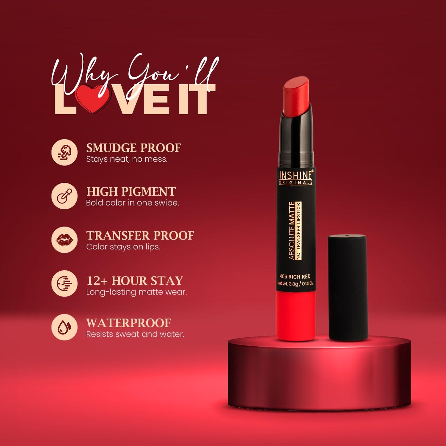 INSHINE Absolute Matte Lipstick - Long-lasting, Transfer-resistant, Velvety Matte Finish with Intense Color, Up to 12 Hours Wear | Perfect for Sophisticated Lips - RUBY RED