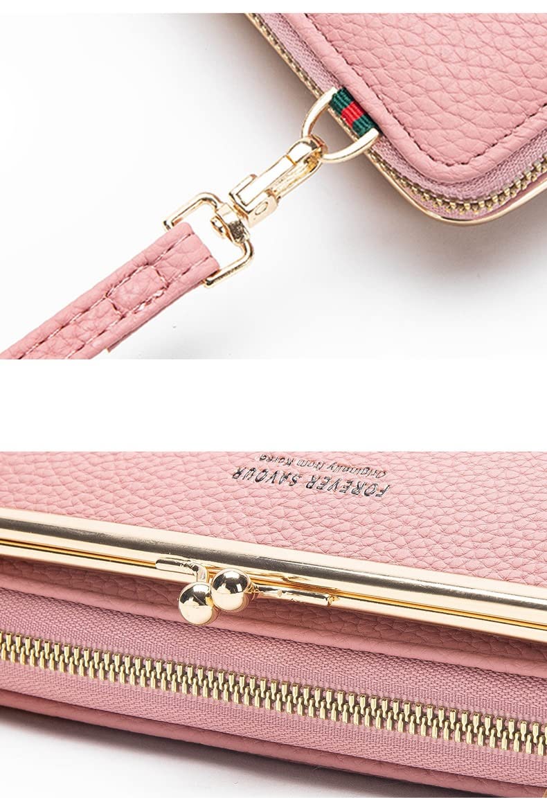 MOCA Women Sling Cross-Body Wallet with Mobile Cell Phone Holder Pouch Pocket Purse Clutch Bag with Card Slots/Shoulder Strap For Womens (Pink)