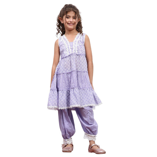 Biba Girl's Purple Cotton Tiered Printed Kurta Salwar Set