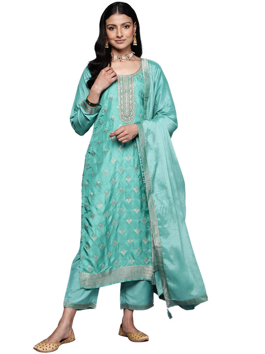 Libas Womens Self Design Silk Blend Pakistani Kurta With Trousers and Dupatta
