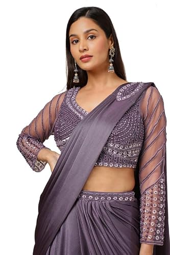 Soch Womens Purple Beads Embellished Nylon Blend Ready-To-Wear Saree