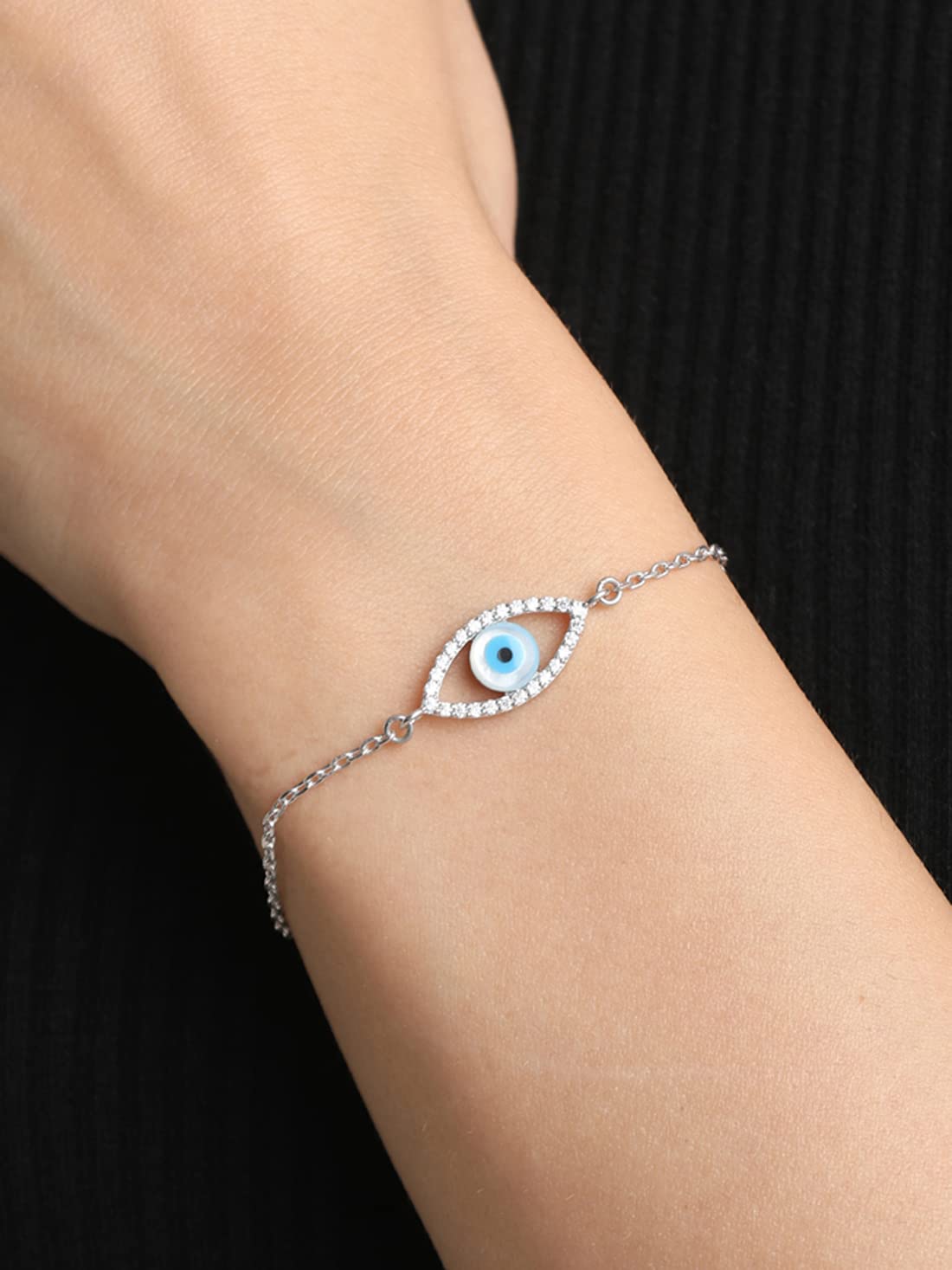 Clara 925 Sterling Silver Evil Eye Halo Bracelet, Adjustable, Rhodium Plated, Swiss Zirconia Gift for Women and Girls