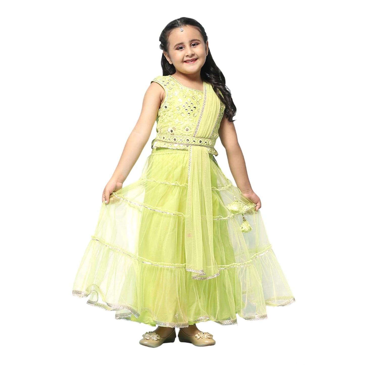 BIBA Girl Solid; Embroidred Nylon Readymade Lehenga Choli Set (Kw5368_Green_15)