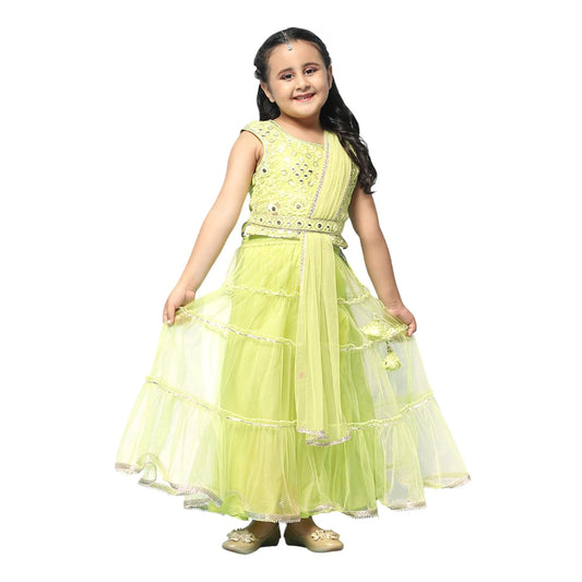 BIBA Girl Solid; Embroidred Nylon Readymade Lehenga Choli Set (Kw5368_Green_15)