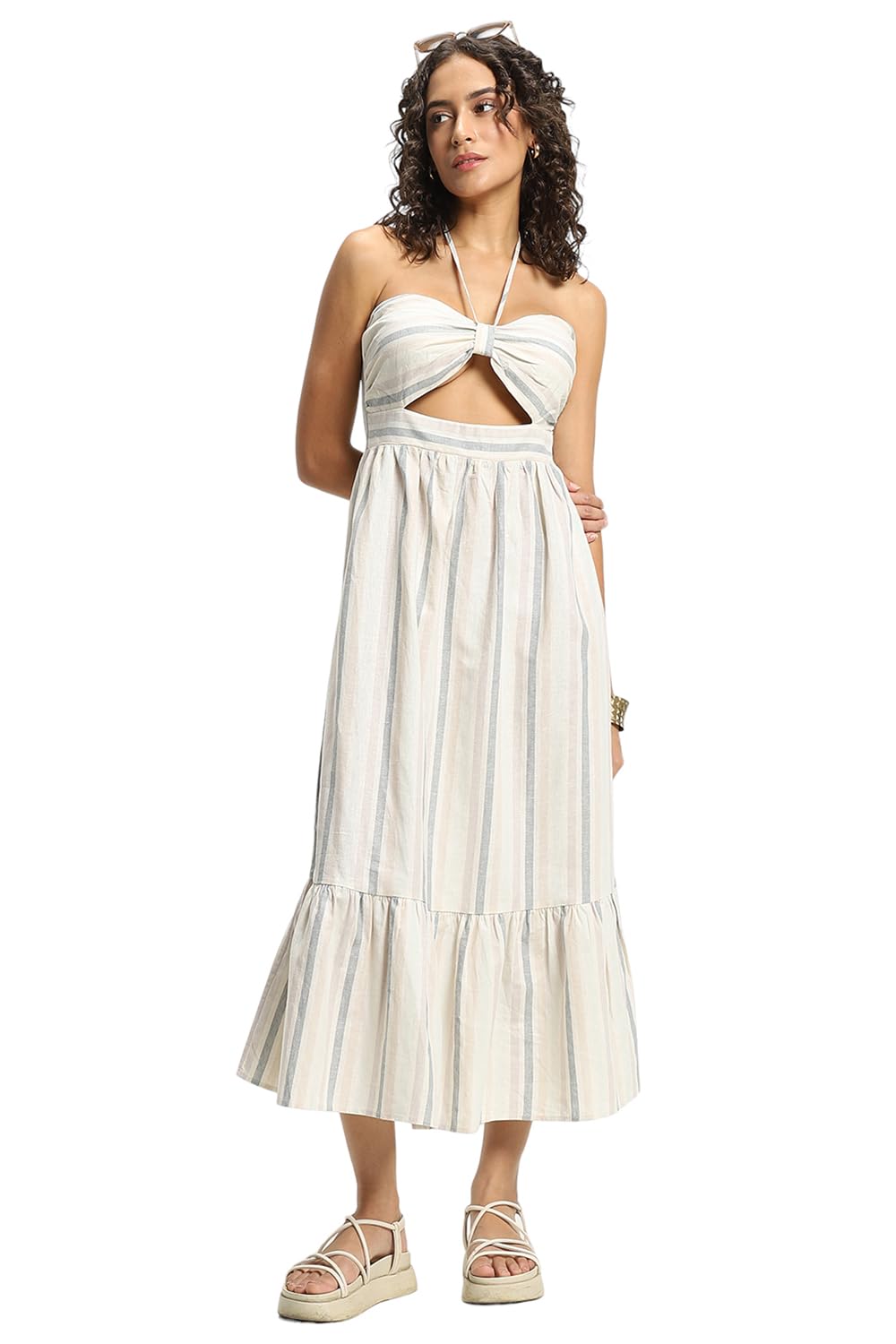 FOREVER 21 Striped Fit and Flare Maxi Dresses White