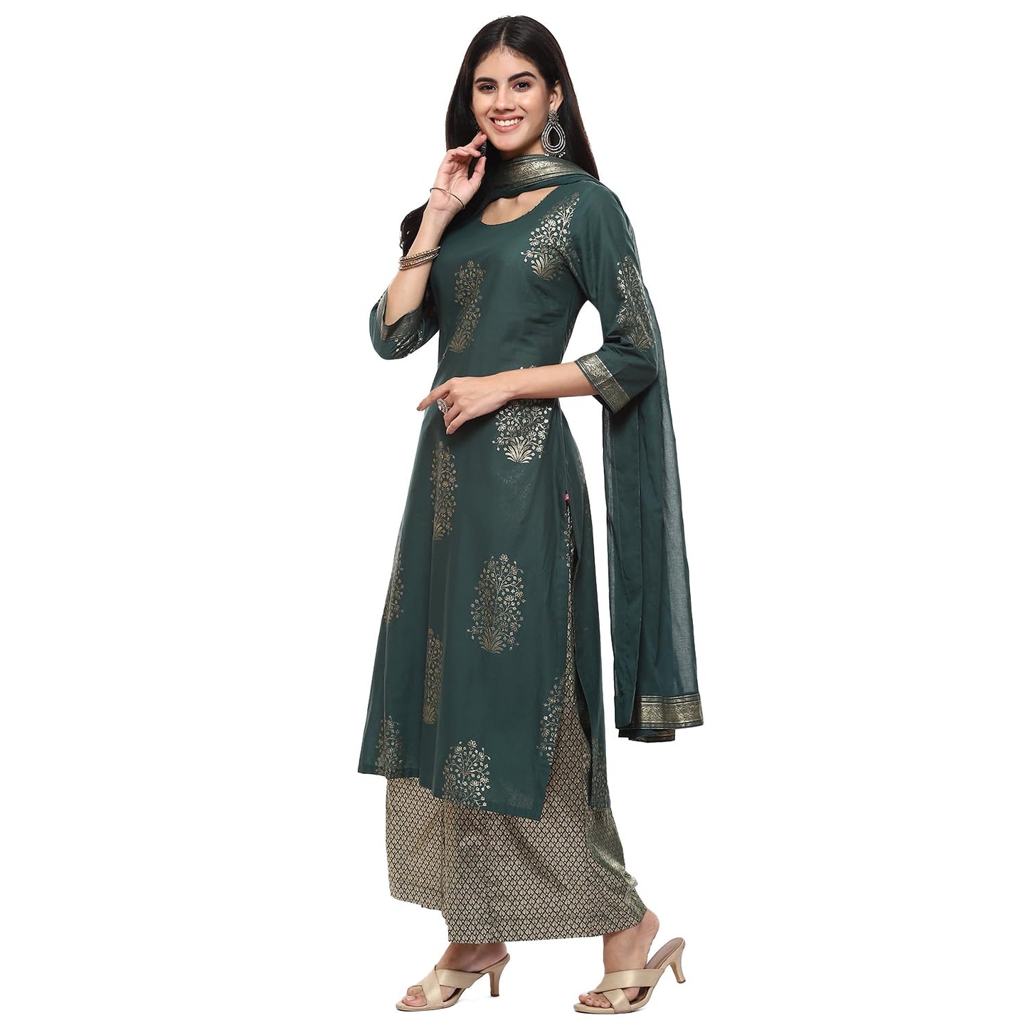 BIBA Cotton Women Printed Straight Salwar Kurta Dupatta(Skdassorted7074E_Green_38)