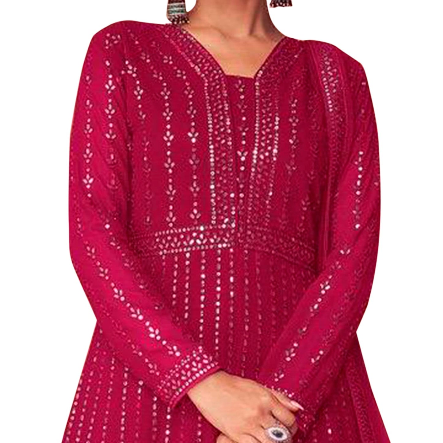 Miss Ethnik Women's Faux Georgette Full Sleeve Stitched Embroidered Floor Length Pink Anarkali Gown with Dupatta (ME-1106-Pink-L)