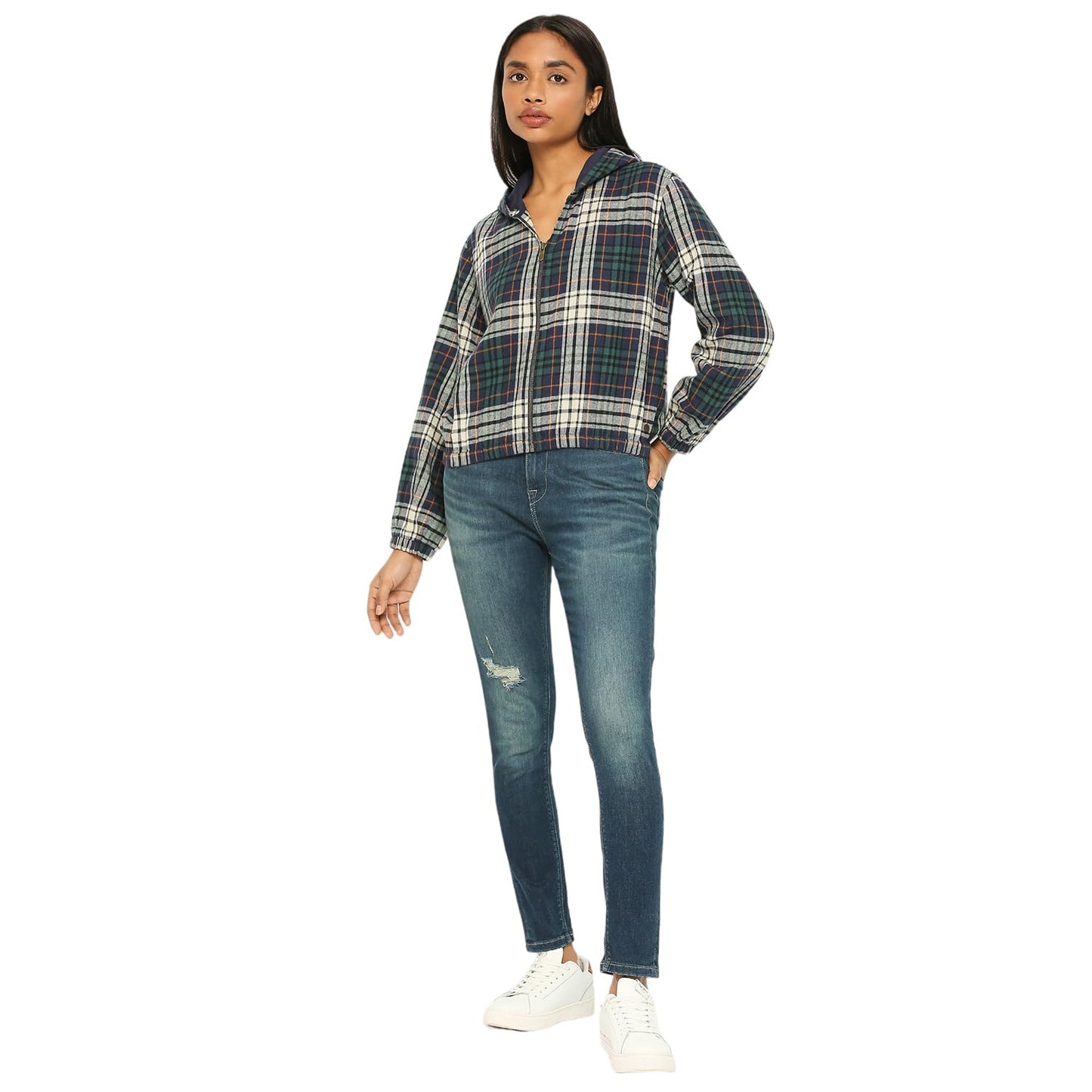 Pepe Jeans Women's Checkered Relaxed Fit Shirt (PL304787_Green_Multicolour