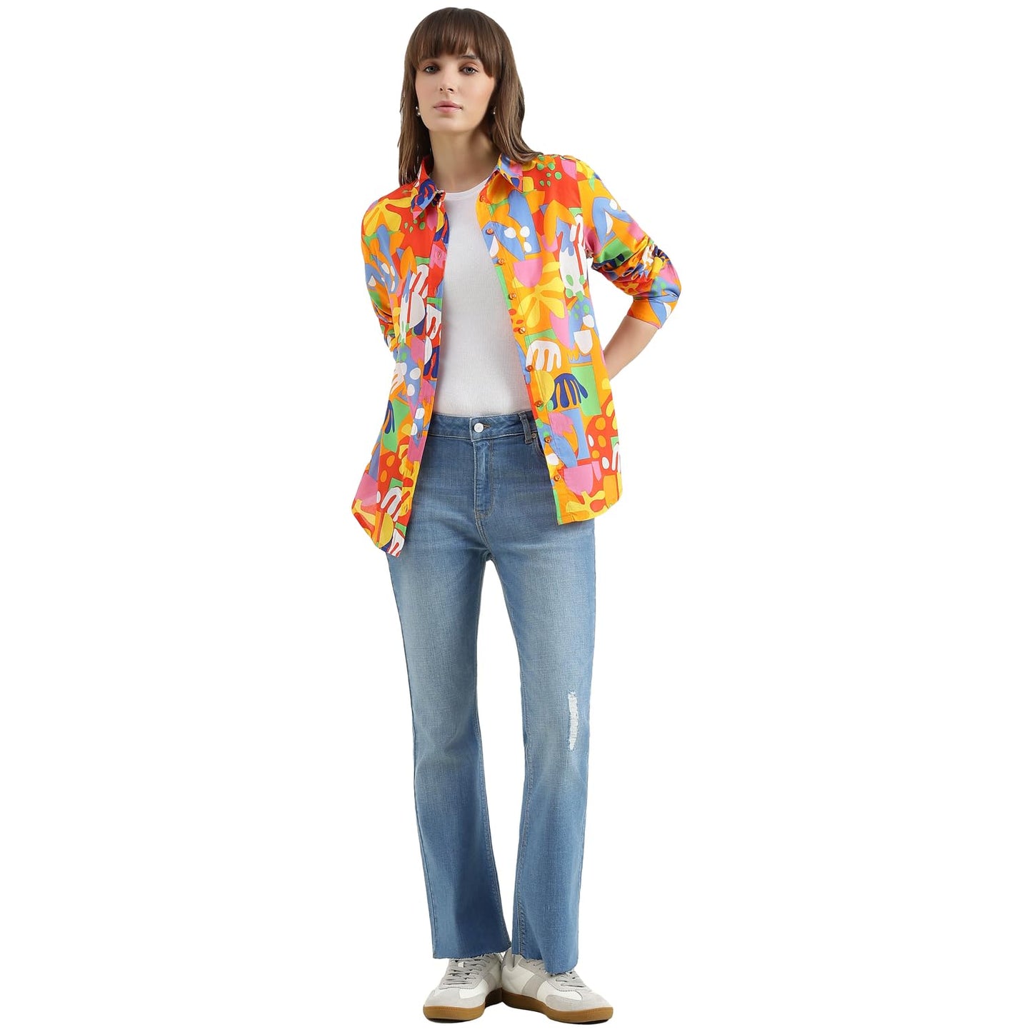 United Colors of Benetton Regular Fit Spread Collar Printed Shirt (Size : EL) - 26P5OA95Q8U5G901 Orange