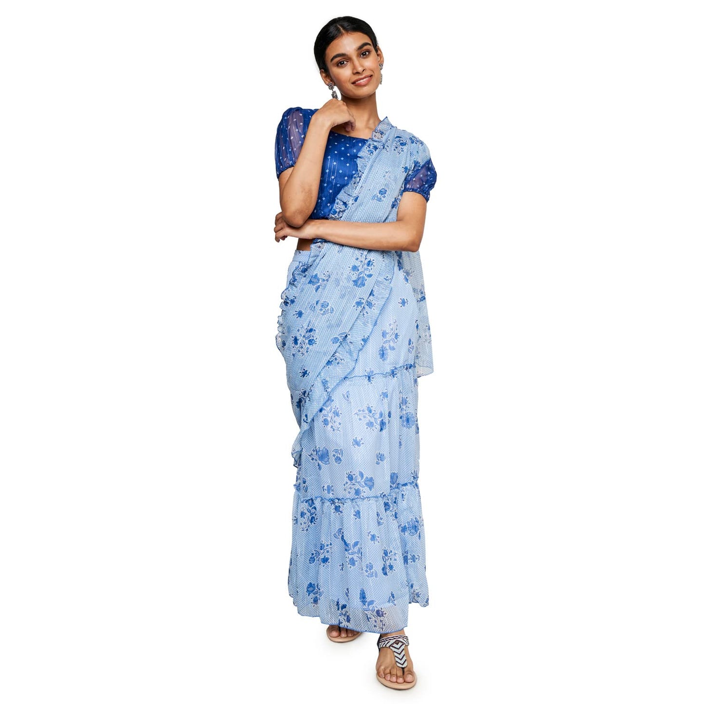 global desi Women's Polyester Stitched Saree (SS22GD055SSLRX_Blue)