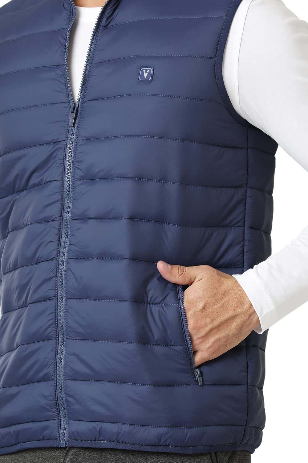 Van Heusen Athleisure Men Woven Jacket - 100% Nylon - Extra Warm, High Neck, Zip Front, Sleeveless_80005_Navy_L