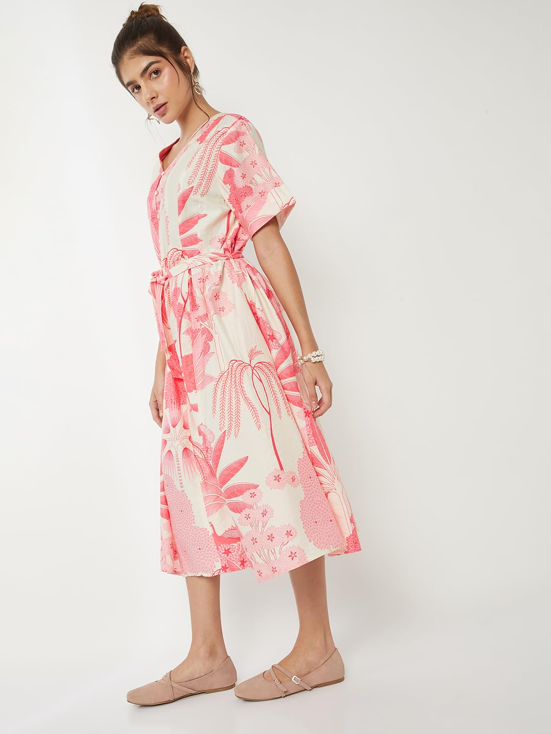 Max Women Floral Print A-line Dress(White_L)