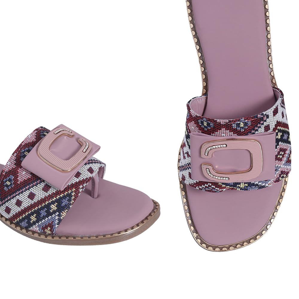 Pluxh Women Printed Toe-Ring Slip-On Sandals with Decorative Buckle | Cushioned Ethnic Casual Flats for Daily |5UK