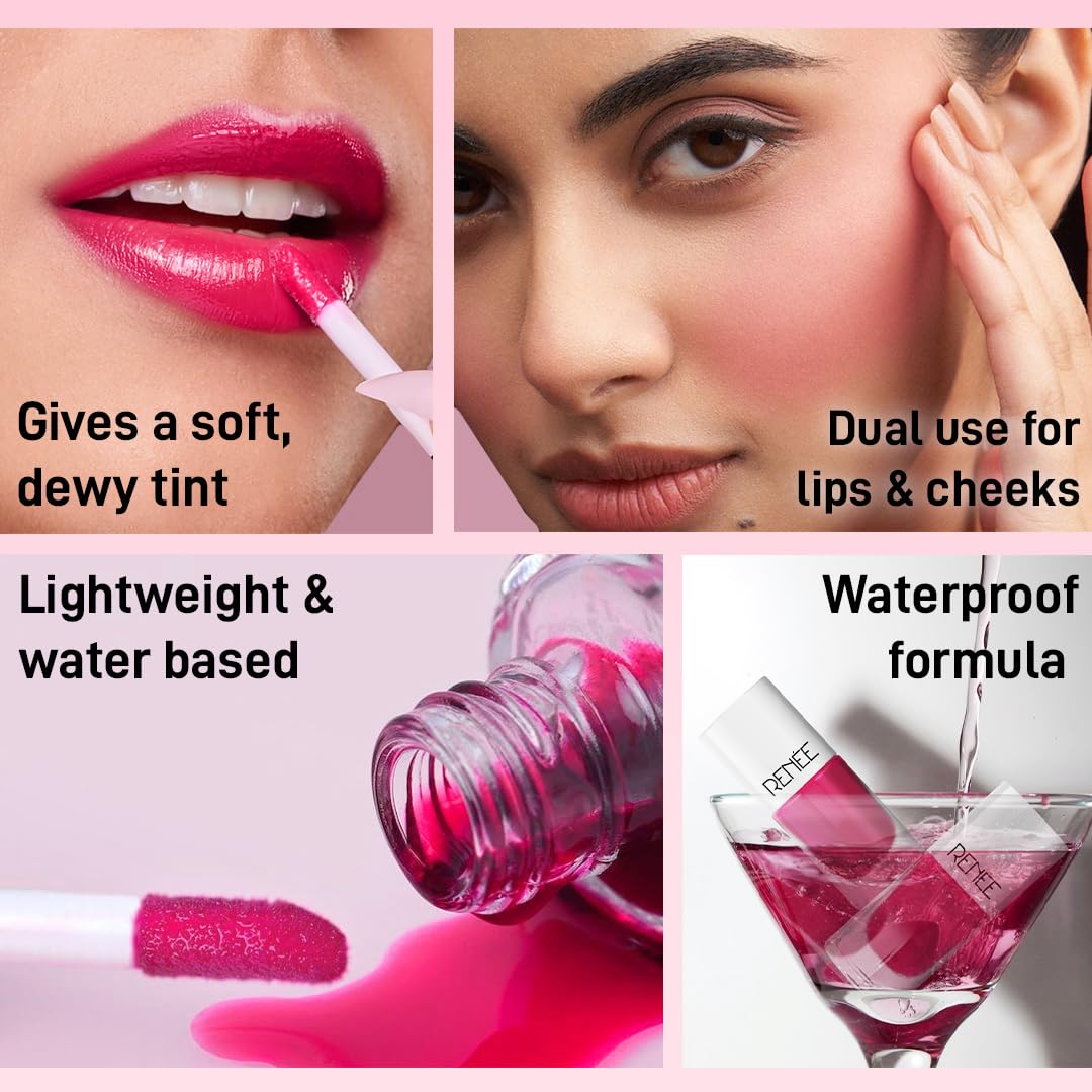 RENEE Tip Tip Water Tint - Pink Splash, Stain for Lip & Cheeks, Long Lasting, Lightweight Soft Tint, Matte Dewy Effect Finish, Natural Flushed Look, Vitamin C & Hyaluronic Acid, 5ml