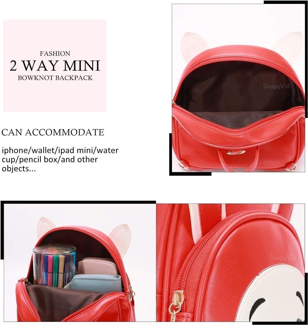 ShopyVid Cute Mini Convertible Backpack for Girls (Red Cat)