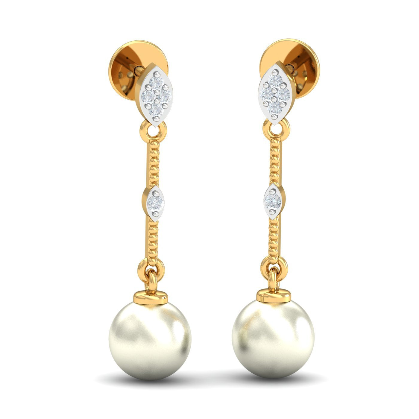 KuberBox 14KT Yellow Gold Diamond Dangling Pearl Drop Earrings for Women