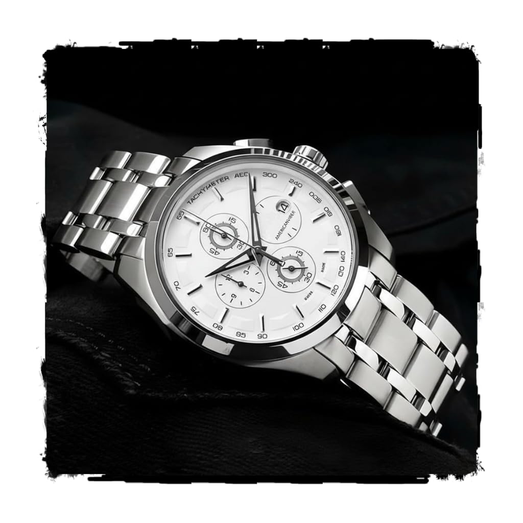 AMERICANVIBER Modern Analog Watch, Silver and Black Two-Tone Stainless Steel Band, Octagonal Case, White Dial for Men (Rose Silver)