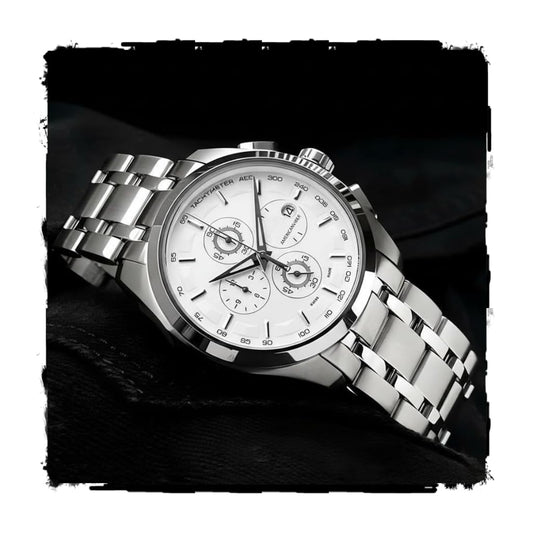 AMERICANVIBER Modern Analog Watch, Silver and Black Two-Tone Stainless Steel Band, Octagonal Case, White Dial for Men (Rose Silver)