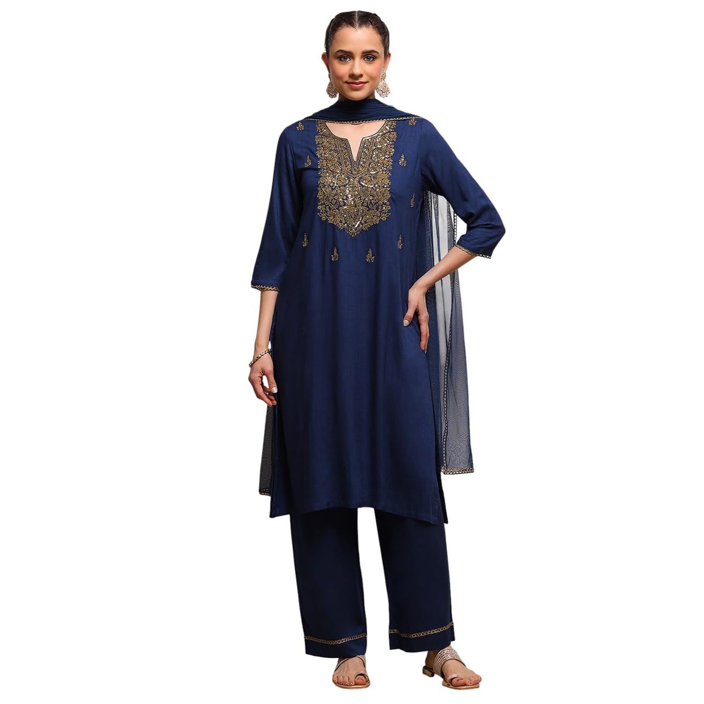 Biba Women Blue Viscose Rayon Straight Solid Suit Set_40