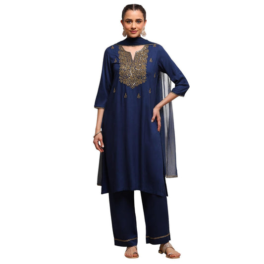 Biba Women Blue Viscose Rayon Straight Solid Suit Set_40