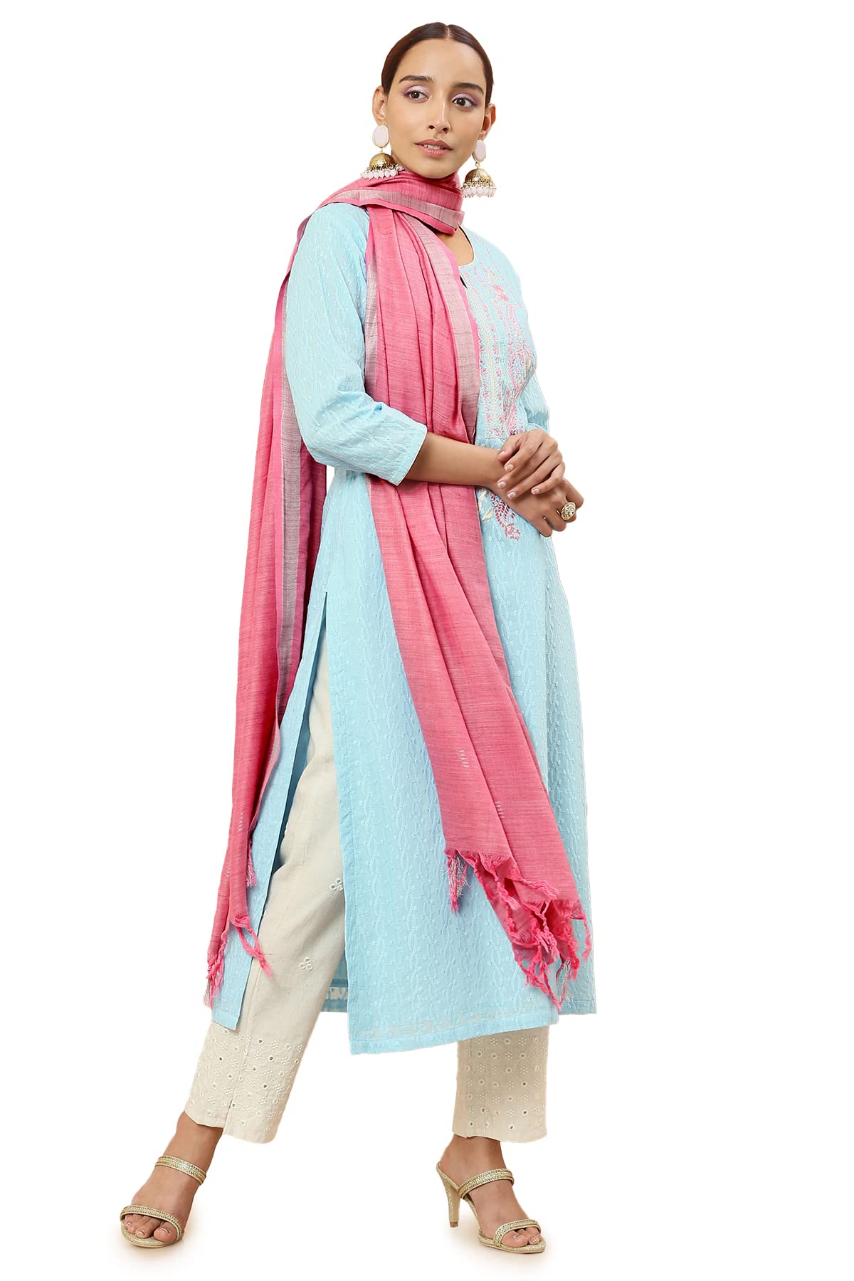 Soch Women Pink Cotton Striped Dupatta