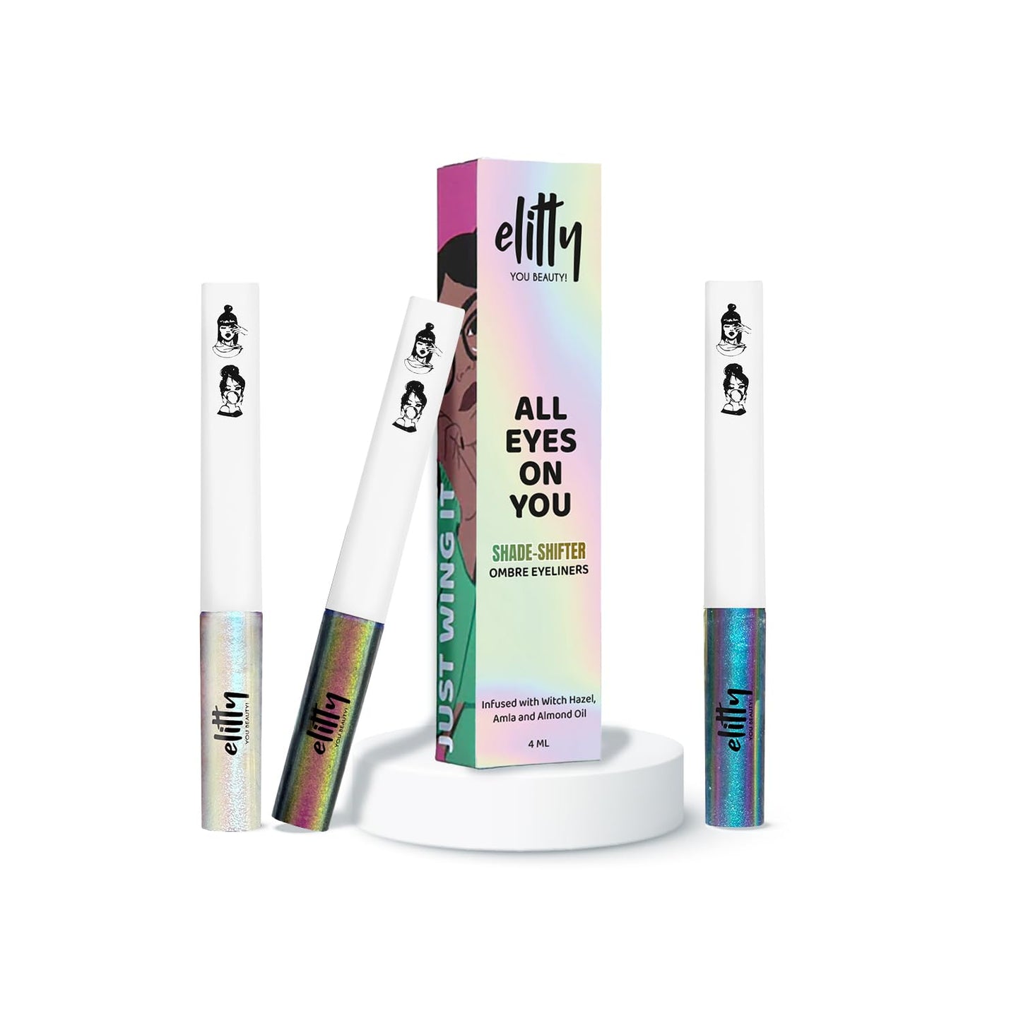 Elitty Neon Daze Ombre Waterproof Liquid Eyeliner Combo (Pack of 3) | Holographic Shades (Purple-Blue, Silver-Blue, Pink-Copper) | Lasts Upto 12 Hrs | 4 ML Each