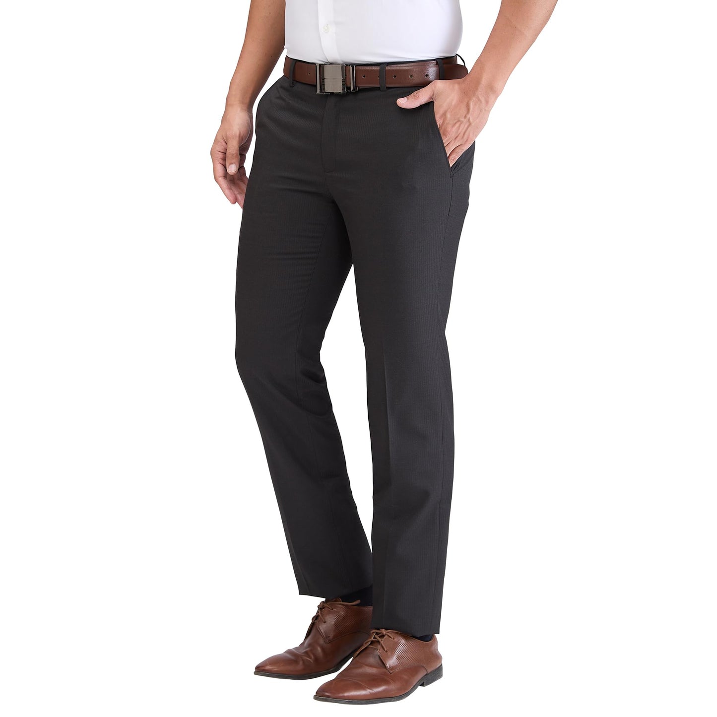 Raymond Men Slim Fit Stripe Pattern Polyester Blend Flat Front Formal Trouser (Size: 30)-RMTS05244-O8 Dark Brown