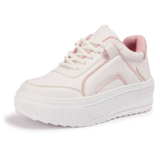LENSBURY Women's Shoes for Walking Gym Training, Casual, Sports, Slip-On, Lightweight Lace up Athletics Slipon Running Sneaker for Ladies and Girls LBCNV4503WTPK-36 White