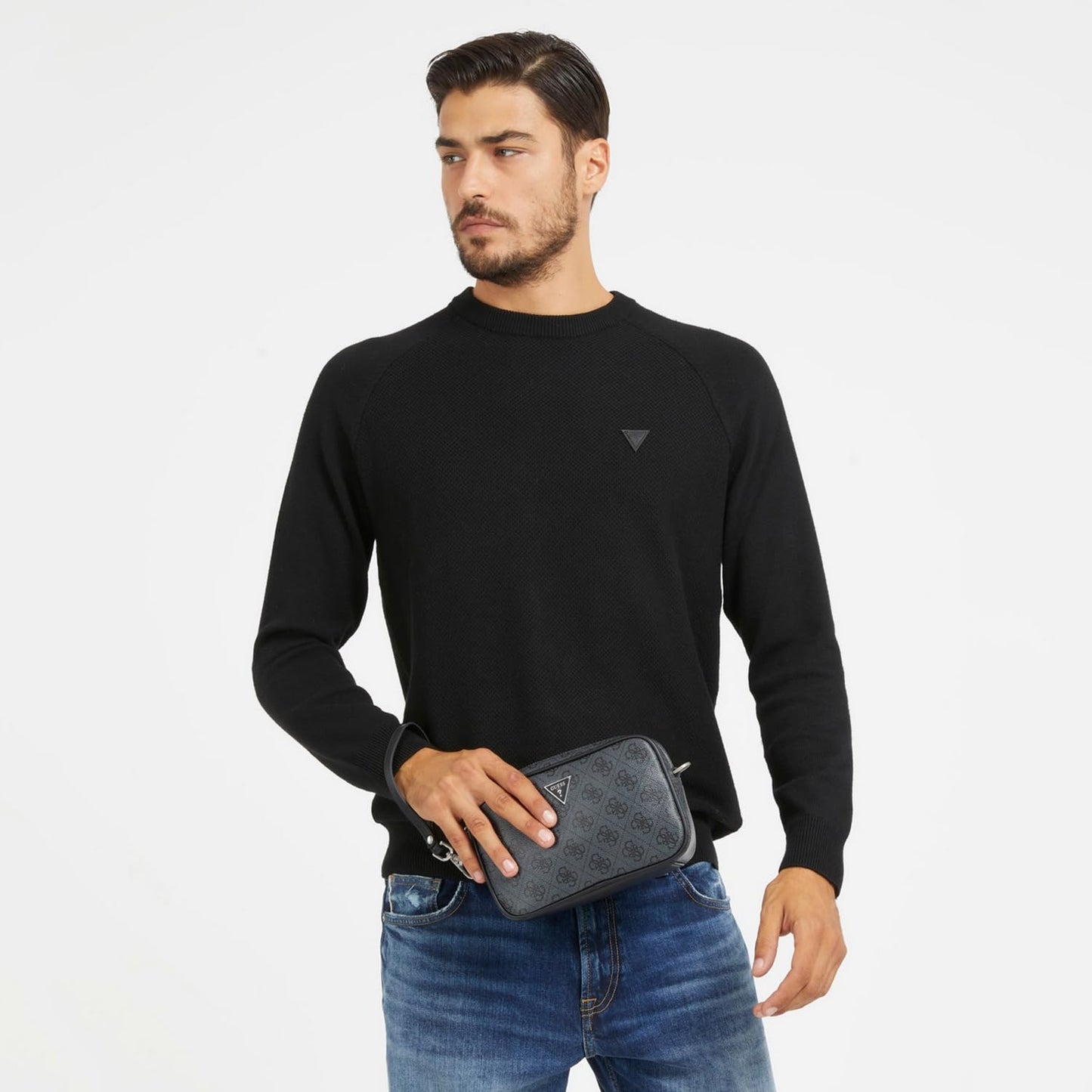 GUESS Men Grey Printed PU Crossbody Bag